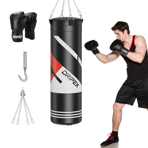 Dripex Saco de Boxeo Colgante para Adultos, Equipo de Entrenamiento de Saco Boxeo con 12oz Guantes, Cadena de Acero Giratoria de 360° para Kárate Kickboxing Muay Gimnasio en Casa (Relleno)