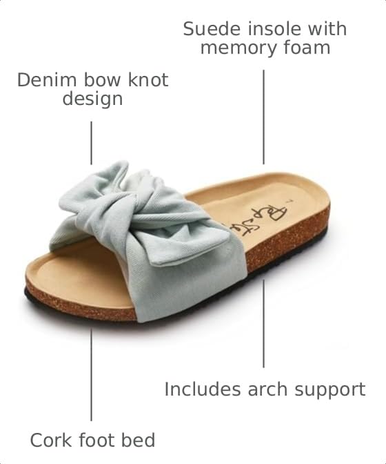 Image of PepStep Slide Sandals for Women or Ladies Dressy Summer Casual, Cute Bow Tie Knot On Top Strap, Comfy Slip On Cork Foot Bed