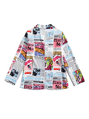 Wdirara Women's Newspaper Pop Art Print Button Front Long Sleeve Casual Blazer Jacket Multicolored S #TOP4