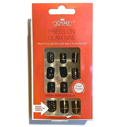Black Press on Nail Set - Metallic Gold Short Square Fake Nails PressOn - Easy to Apply Adhesive - Cross Dots Instant Manicure No Glue Needed Neutral Press-On