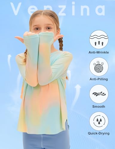 Image of Venzina Girls' Long Sleeve Workout Top with Thumbholes Quick-Dry 4-Way Stretch Moisture Wicking Shirt for Yoga, Dance, Gymnastics(Age 6-10)