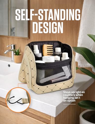 Image of VENTURE 4TH Hanging Travel Toiletry Bag, 17 Compartments - Beige Diamonds | Hangs on rails, hooks or doors; stands upright too. Removable TSA pouch. Water-resistant 900D Nylon, reinforced stitching.