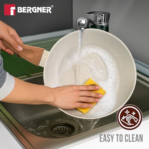 Image of Bergner Ivory Granite Non-Stick 4 Pcs Cookware Set - 24cm /2.5L Kadai with Lid 24cm Frypan 28cm Dosa Tawa 3-Layer Marble Healthy Coating PFOA Free Forged Aluminium - Induction and Gas Stove Ready