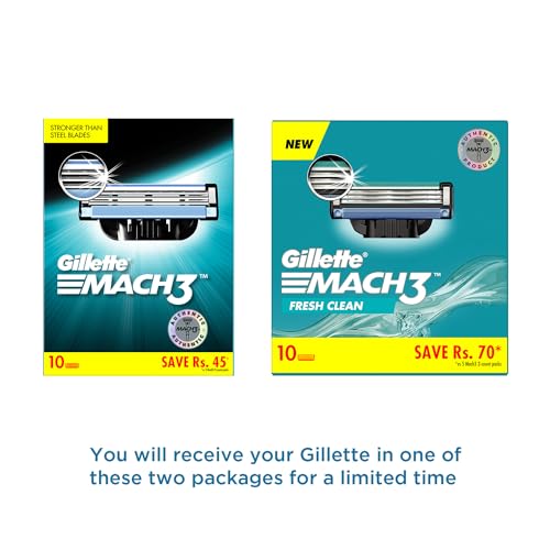 Image of Gillette Men Mach 3 Shaving Blades- Pack of 10 (Cartridges) & New Blade Razor - 1 Count