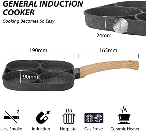 Shoze Egg Frying Pan Non-Stick Egg Pan with 4 Hole Multi Aluminum Alloy Fried Egg Pan with Wooden Handle for Burger Eggs Ham