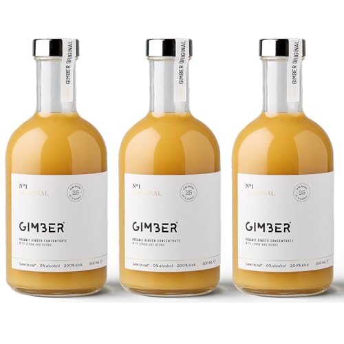 GIMBER Concentrado de jengibre orgánico 3 x 500ml (1,5L) | Bebida orgánica sin alcohol hecha de jengibre, limón y hierbas