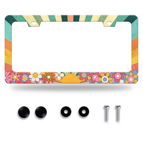 Rainbow Retro Sun License Plate Frame Boho Hippie Flowers License Plate Holder Stainless Steel Colorful Car Accessories Decoration 12.3 x 6.3