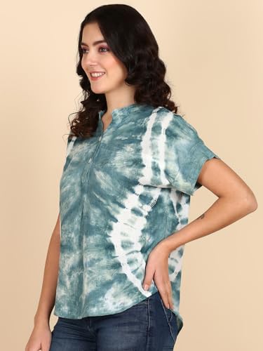 Image of Maaesa Women Handmade Regular Fit Tie-Dye Rayon Top | Casual Wear & Office Wear | Short Sleeve | Mandarin Neck | Lightweight & Breathable Fabric
