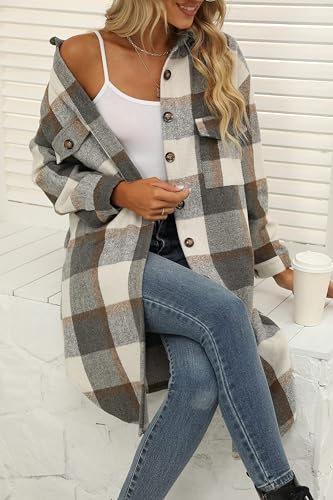 Jhsnjnr Damen Oversize Flanell Hemdjacke mit Knöpfen Warm Langarm Winterjacke Lang Revers Karierte Mantel