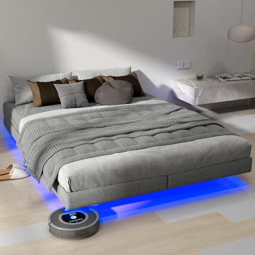 26.9cm High Queen Floating Bed Frame Queen Size with LED Lights, Heavy Duty Metal Slats Support, No Box Spring Needed/Noise-Free/Large Under Bed Storage/Easy to Assemble