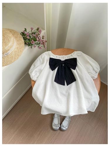 Image of SweatyRocks Girl's Short Sleeve Shirts Summer Crewneck Tops Casual Cute Bow Puff Sleeve Blouses Black and White 9Y
