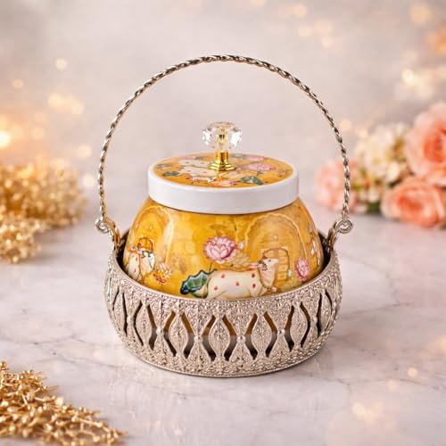 Image of German Silver Metal Basket with Pichwai Jars - Baby Shower Wedding Return Gift Hamper Basket for Dry Fruits, Nuts, Chocolates & Festive Gifting Diwali Puja