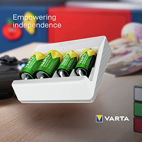 VARTA Akku Ladegerät, Batterieladegerät für wiederaufladbare Batterien, lädt 2 oder 4 AA, AAA, C, D oder 1x 9V gleichzeitig, Universal Charger, mit Sicherheitsabschaltung, unbestückt
