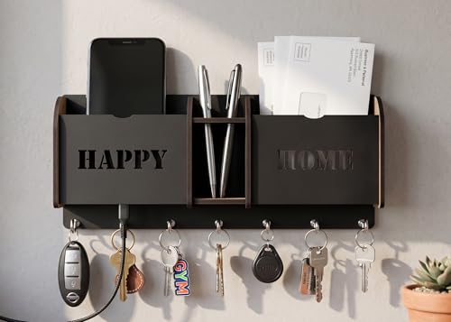 Image of Wall Mount Key Holder & Mail Organizer | Laser-Cut Key Hanger with 7 Metal Hooks, Letter Rack & Pen Stand | Wooden Wall Decor for Entryway, Living Room, Home & Office (Happy Home)