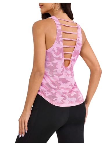 OYOANGLE Women's Mesh Workout Tank Top Camo Print Backless Sports Athletic Gym Sleeveless Tops