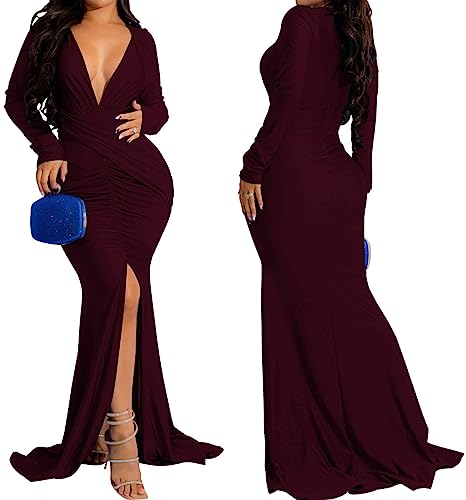 Image of Women's Elegant Formal Mermaid Maxi Dress Off Shoulder Long Sleeve Wedding Split Evening Gown Prom Cocktail Party Dresses
