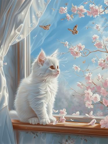 Broderie de perles chat blanc motif pré-imprimé anti-erreur toile 60x80