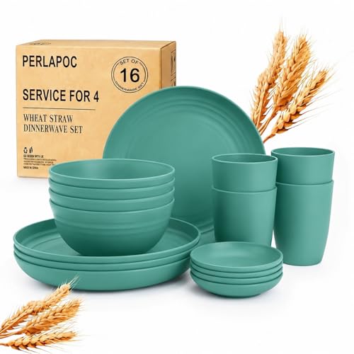 Image of Unbreakable Wheat Straw Dinnerware Set 16 PCS - Kids Plates and Bowls Set for 4,Dishwasher & Microwave Safe Lightweight Toddler Plates and Bowls Set for Party Camping Kitchen - Green