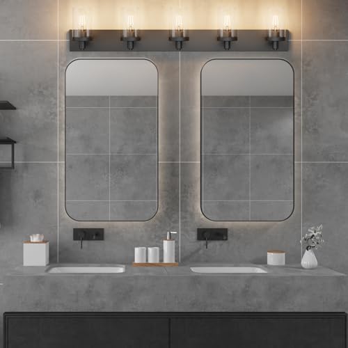 Aipsun Matte Black Bathroom Vanity Light Fixtures 5 Lights Industrial Lighting Fixtures Over Mirror with Clear Glass Shade(Exclude Bulb) by Aipsun - Image 8