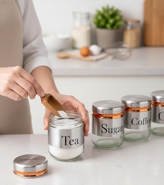 Image of 350ml Canister Set of 3 | Premium Glass Jars with Stainless Steel Lids | Airtight Kitchen Storage Containers for Tea, Coffee, Sugar | Transparent Spices Masala Organizer