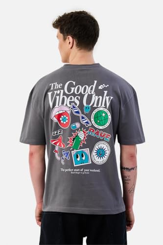 Image of SNITCH Men Oversized Graphic Print T-Shirt | Trendy Streetwear Style & Urban Design Feature | Premium 100% Breathable Cotton Relaxed Fit Pullover for Casual Wear