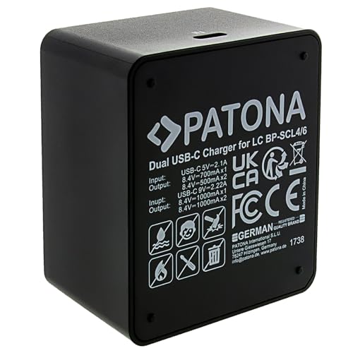 PATONA Podwójna ładowarka do Leica Q3 Q4 BP-SCL4 BP-SCL6 | kompaktowa ładowarka USB-C do 2 akumulatorów jednocześnie | w zestawie kabel USB-C, wskaźnik poziomu naładowania LED, ochrona przed