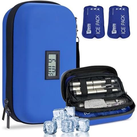 HIMDUZE Insulin Cooler Travel Case TSA Approved Refrigerated Medicine Cooler for Travel w/Thermometer Temperature Display Diabetic Travel Case Bag w/2 Reusable Ice Packs for Daily Life Trip, Blue Cover