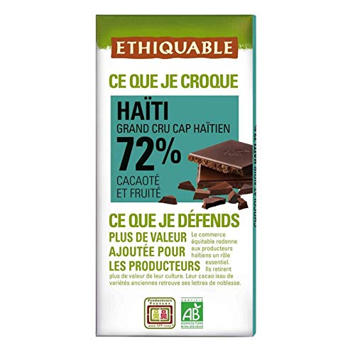 ETHIQUABLE - Chocolat Noir 72% Cacao D'Haiti Bio 100G - Lot De 4