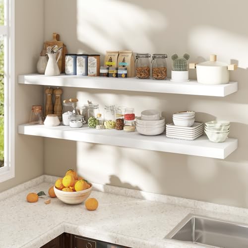 Image of Dreamland 55 Inch White Floating Shelves for Wall,8 Inch Deep Floating Shelves,55 inch W x 8 inch D Wall Shelves for Bedroom,Living Room, Kitchen,Bathroom,Set of 2
