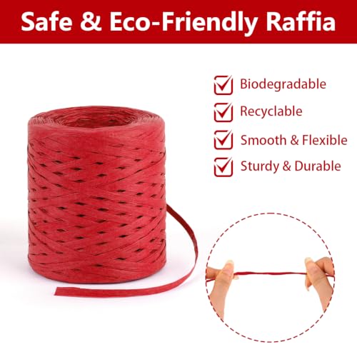 Image of BEVTEE 436 Yards Raffia Yarn for Crochet, Ribbons for Crafts,Red | Paper Ribbon for Wrapping Christmas Crafts DIY Decoration, Easy to Tie, Perfect for Basket Weaving Supplies