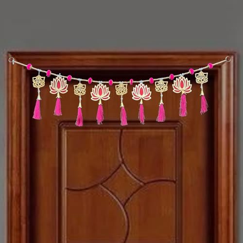 Image of iHandikart Decorative Toran for Door, Handmade Lotus Bandhanwar with Pink Tassels & Beads, Traditional Indian Door Hanging for Diwali, Wedding & Home Decoration Size (40 Inch)