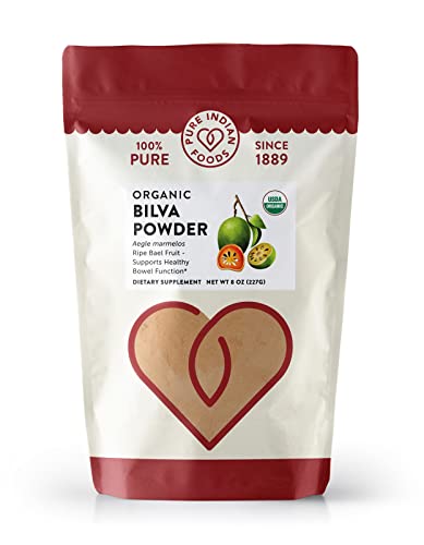 Pure Indian Foods Certified Organic Bilva / Bael Fruit Powder (Aegle marmelos) - 8 oz | Made from Ripe Bael Fruit | Vegan Vegetarian Gluten-Free Non-GMO