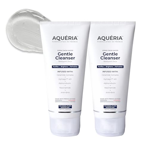 Image of Aqueria Hydrating & Brightening French Face Wash with Creamide Complex | Deep Cleansing, Non-Drying, Non-Stripping Gentle Cleanser for Dry to Normal, Sensitive Skin | Alpha Arbutin, Niacinamide, Fruit AHA BHA & Hyamagic-4D for Barrier Support & Even-Toned Skin | Reduces Pigmentation & Tanning | Dermatologist Validated, Fragrance Free, Gentle Foaming Formula | Pack of 2 (200ml)