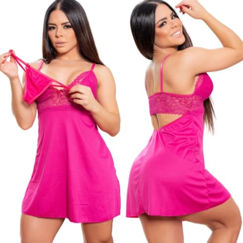Camisola feminina com renda e calcinha sexy (PINK, G)