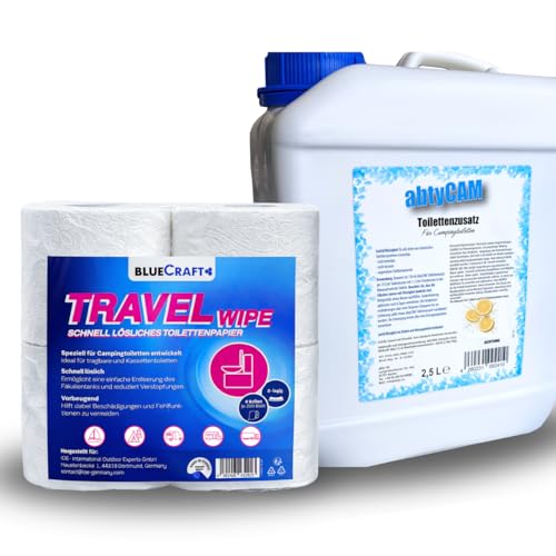 abtyCAM - 2,5 Liter Sanitärflüssigkeit für Campingtoilette Toilettenzusatz Chemie WC Flüssigkeit Sanitärzusatz Chemietoilette inkl. 4 Rollen Camping Toilettenpapier