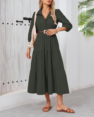 Image of Women Button Down Maxi Shirt Dress Long Sleeve Flowy Tiered Collared Dresses with Pockets