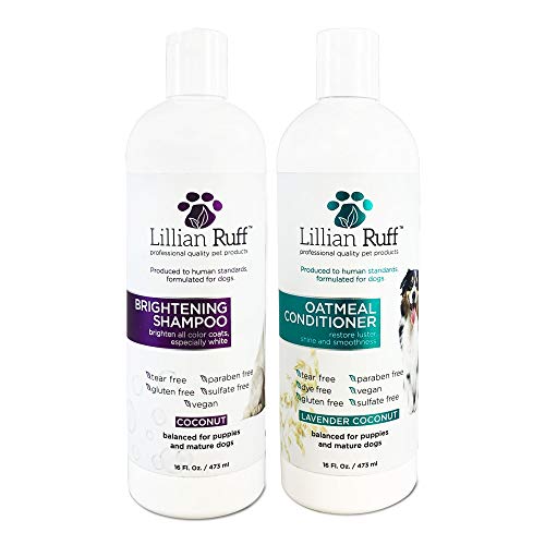 Lillian Ruff Brightening & Whitening Shampoo For Dogs – Safe for Cats - Tear Free Coconut Scent With Aloe For Normal, Dry & Sensitive Skin – Adds Shine & Luster to All Color Coats (Brightening & Oatmeal Conditioner Set)