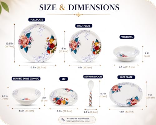 Image of Arova 32 Pieces Melamine Dinner Set for 6 Persons | Unbreakable & Lightweight Crockery Set | Floral Design Plates & Bowls Set | Serving Bowls, Spoons & Lids | Dishwasher Safe Dinnerware Set