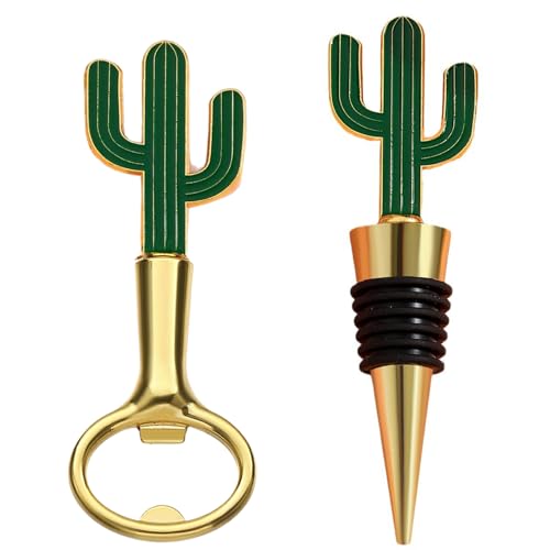 Beer Bottle Opener and Bottle Stopper Set for Beer Soda Wine,Cactus Golden Bottle Opener and Wine Stopper Set for Mexican Party,Birthday,Housewarming,Wedding Party Gift Set (Cactus)