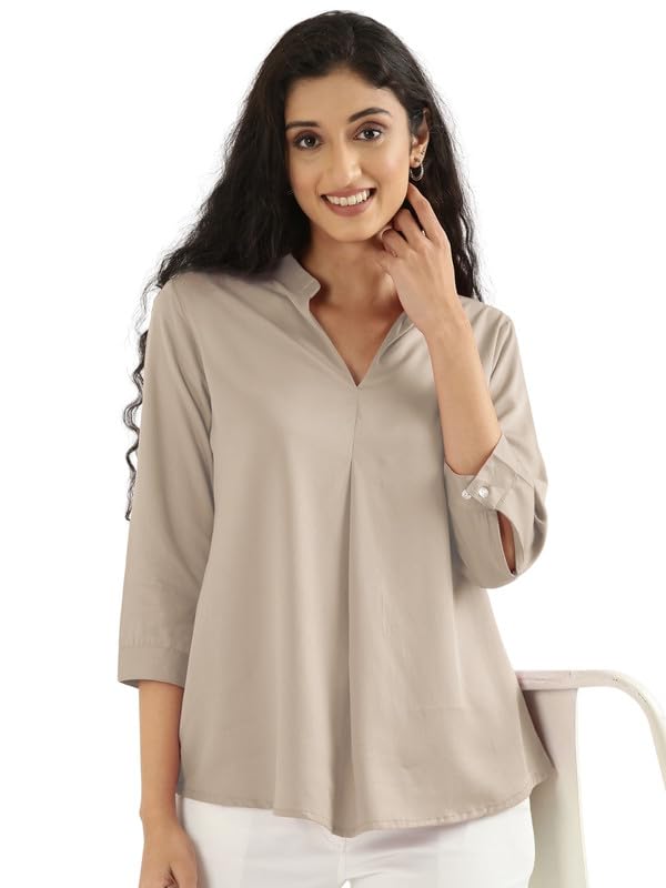 Image of SAADAA Top for Women, Viscose Pleated Tops, V-Neck with a Collar, 3 /4 Sleeve Length, Office & Casual Wear
