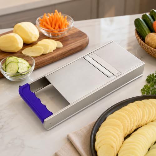 Image of Stainless Steel Vegetable Slicer with Handle | Heavy-Duty Manual Slicer for Potato, Onion, Chips & Salad Cutting | Durable Kitchen Mandoline Slicer with Sharp Blades