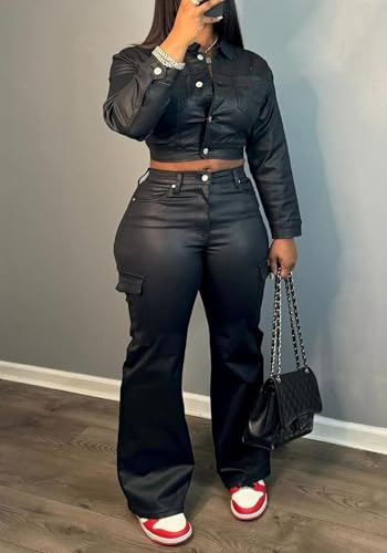 Tbahhir 2 Piece Sexy Leather Outfits for Women Slim Fit Sets Long Sleeve Crop Top and High Waist Flare Pants with Pockets2