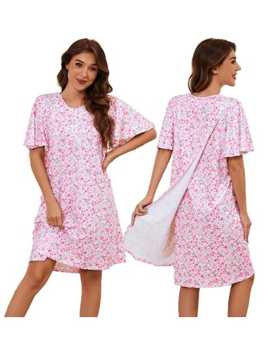 Hospital Gowns for Women Open Back Tear Away Snap Post Shoulder Surgery Short Sleeve Adaptive Clothing Nightgown