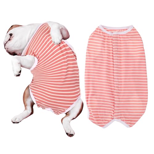 WLLHYF After Surgery Dog Recovery Onesie Comfortable Puppy Post Neuter Surgery Shirt Alternative Wound Protective Body Suit Clothes for Large Small Dogs (Pink White Stripe) (Small)