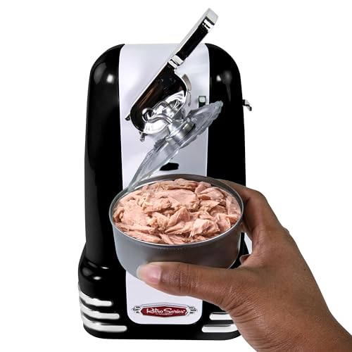 Image of Nostalgia Retro Electric Can Opener for Kitchen with Magnetic Lid Remover, Knife Sharpener, and Soda or Beer Bottle Opener, Black