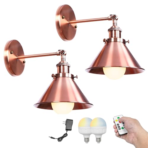 Image of Kiven Battery Operated Wall Sconces Set of 2,Vintage Wall Lights with Rechargeable Bulb, Dimmable Wall Lighting Fixtures for Painting Bedside Vanity Desk, Copper Red Finish