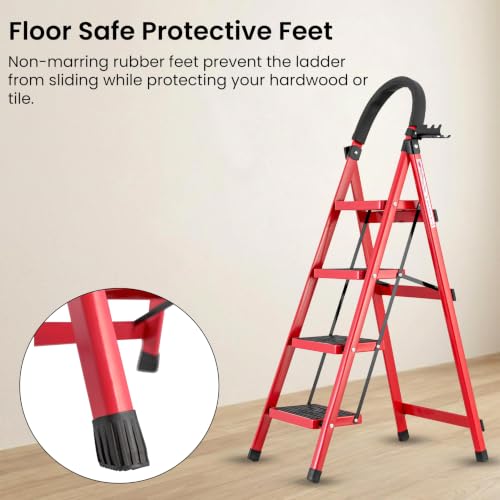 Image of Casa Copenhagen Red 4 Step Ladder for Home Use with Built-in Tool Tray | Heavy Duty D Shape Rods | Ultra Large Platform | Secure Lock and Stability | 150Kg Capacity Foldable Ladder - 7 Years Warranty