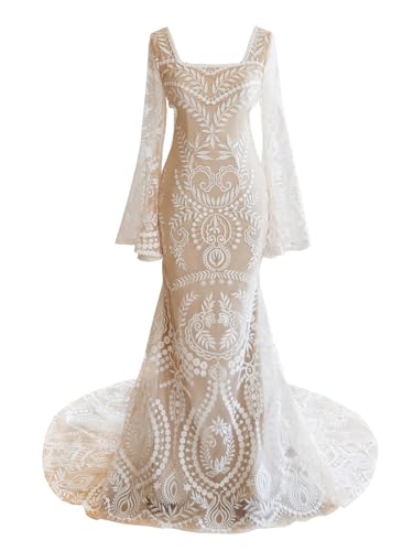 Long Sleeve Wedding Dress Vintage Lace Mermaid Wedding Gowns Beach Boho Bridal Dresses for Women Bride