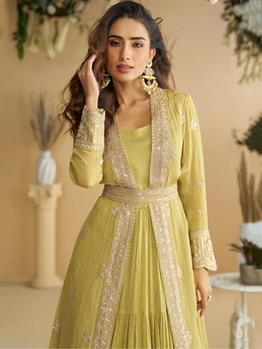 Image of JATRIQQ Parrotgreen Chinon Silk with Embroidered Work Gown with Shrug and Belt