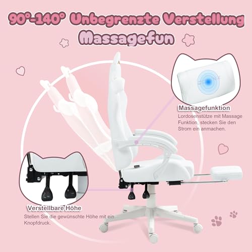 Sedia da gioco – Dolce gatto Edition – Sedia ergonomica per computer con schienale alto e supporto lombare, in pelle PU, poggiapiedi, gatto bianco - Sedia gaming - Immagine 5